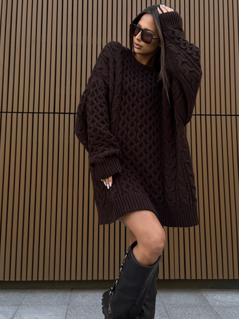 Long Sweater with decorative weave - Chocolate