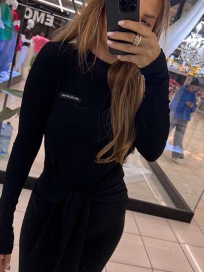 Longsleeve blouse with ribbon tie - Black