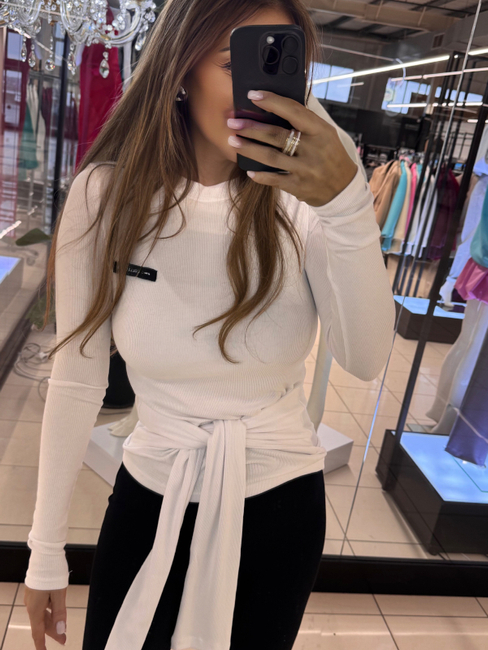 Longsleeve blouse with ribbon binding - White
