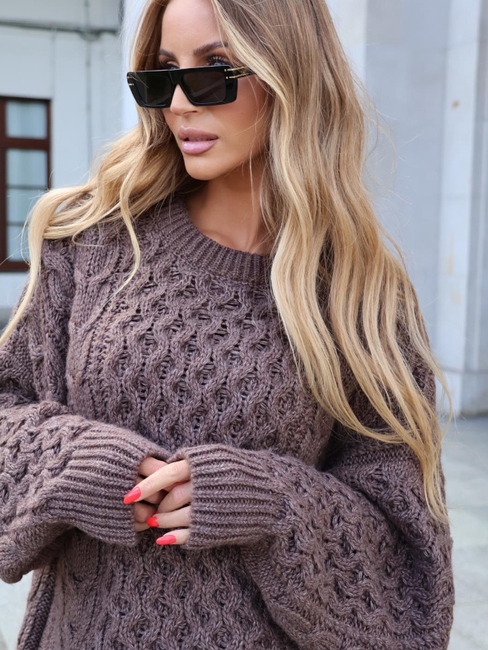 Long Sweater with decorative weave - Coffee