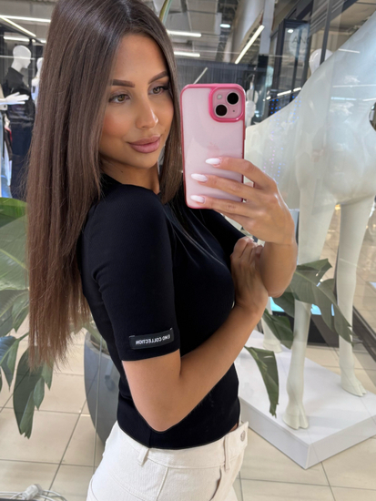 Bluzka z krótkim rękawem prążek  - Czarna